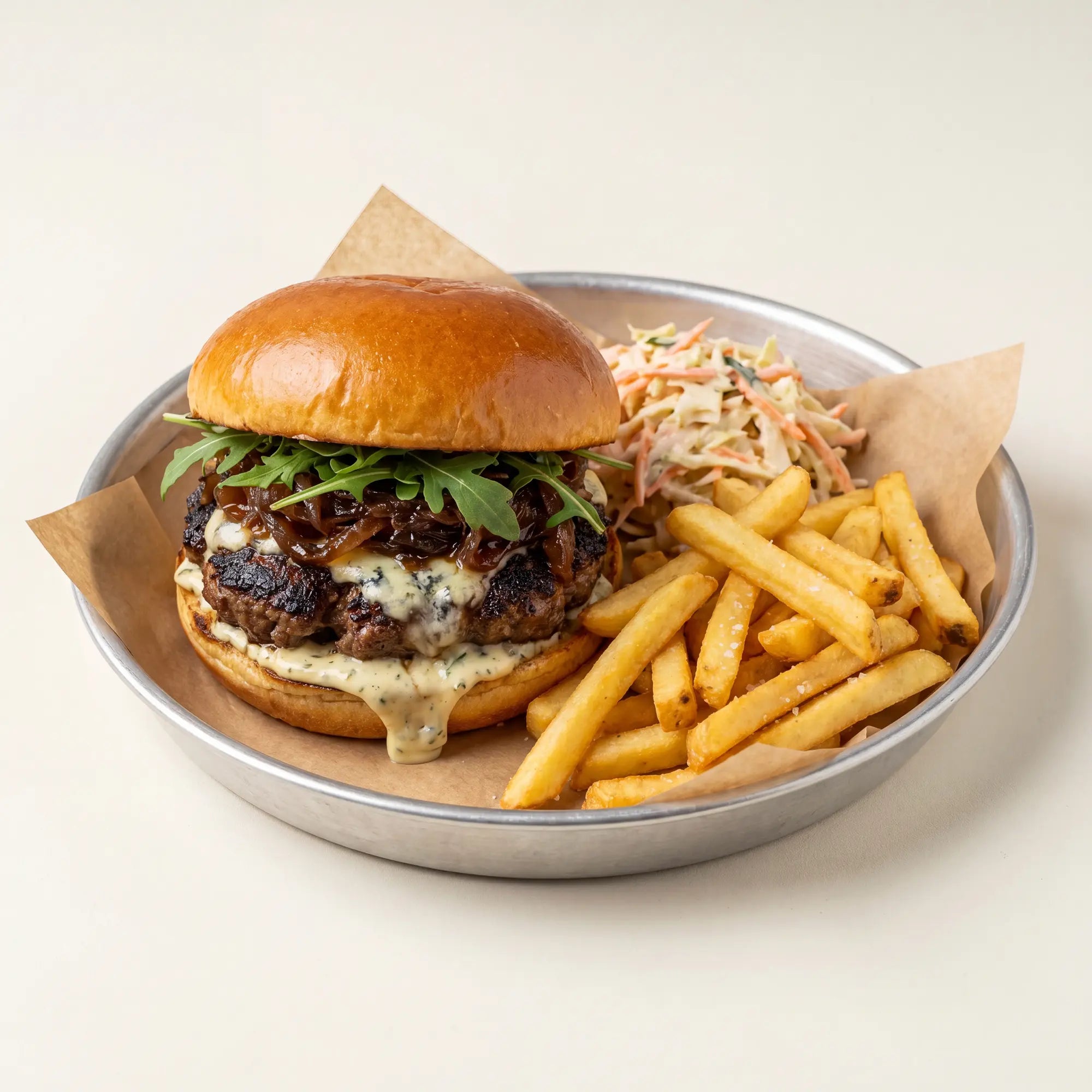 Wild Venison Burger with Caramelised Onions & Garlic Sauce