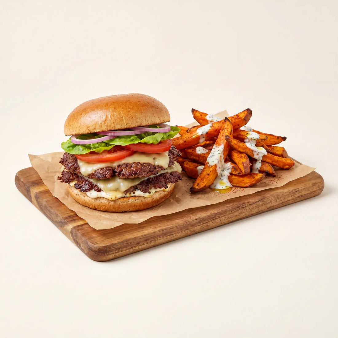 Wild Venison Smashed Burger with Sweet Potato Wedges