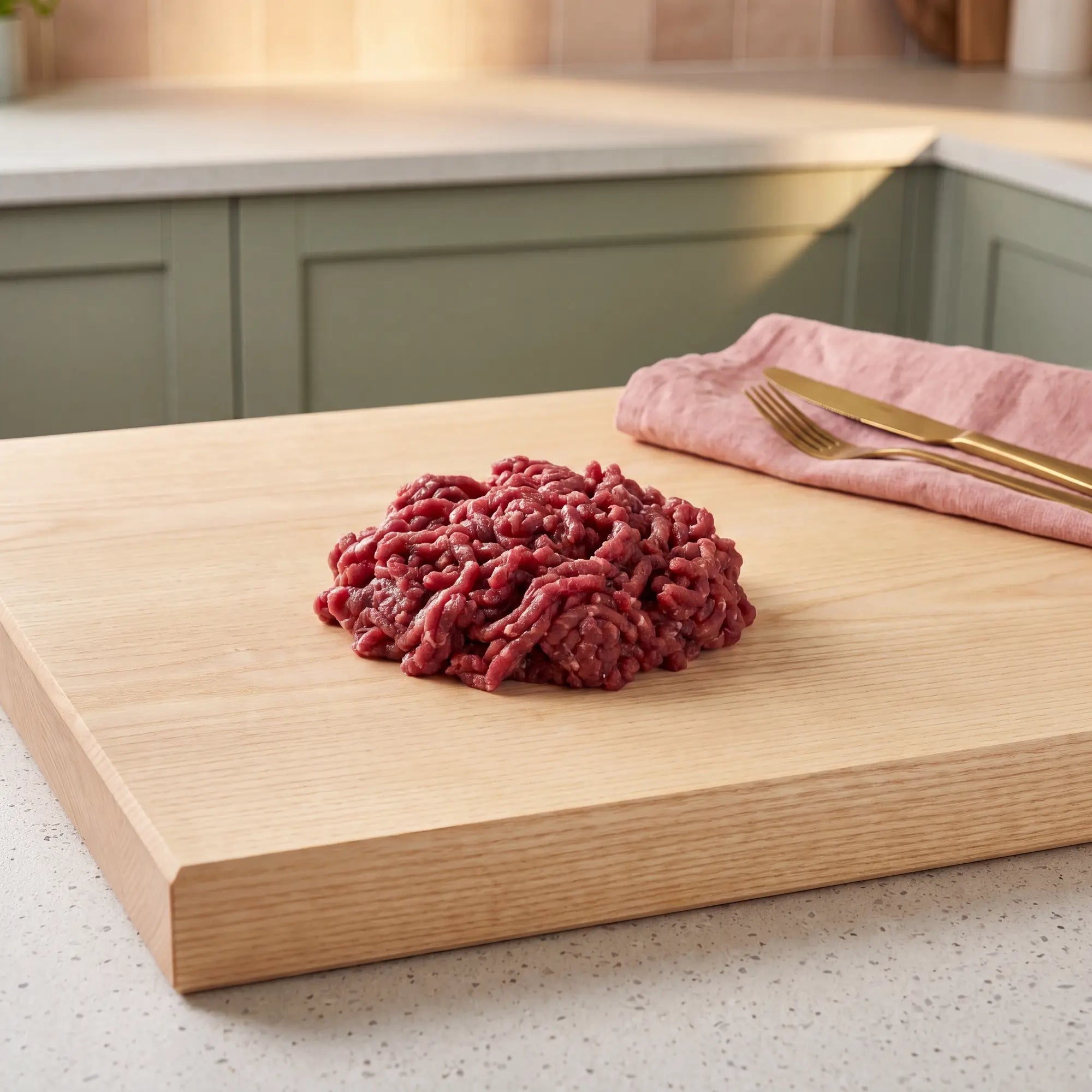 Fresh raw venison mince on a pale wood chopping board in a contemporary home kitchen.
