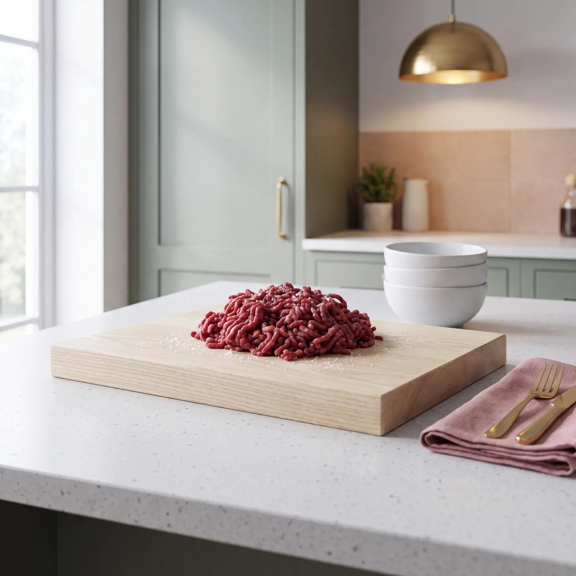 A pile of raw venison mince meat sits on a rectangular wooden cutting board on a white kitchen countertop, with stacked white bowls and a folded pink cloth with gold-toned utensils nearby. The kitchen background features sage green cabinets and a warm brass pendant light.